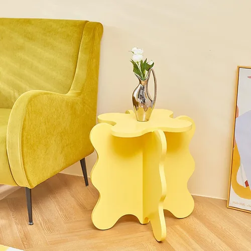 HM&DX Mini mesa de centro de pétalos, mesa auxiliar de madera maciza con ondas de dibujos animados con patas en forma de X, mesas auxiliares de