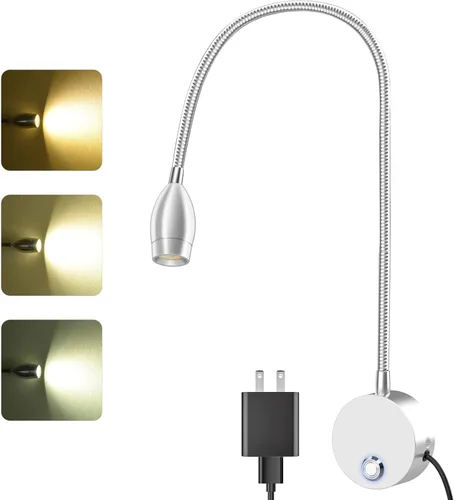Miniatura 11 de Luz de lectura LED montada en la pared con cuello de cisne flexible de 15 pulgadas, luz de libro regulable para leer en la cama con puerto de carga