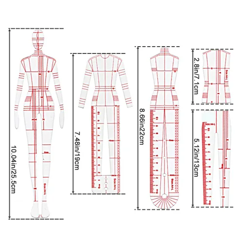 Miniatura 2 de Conjunto de reglas de plantilla de dibujo de moda EXTCCT, diseño de patrones humanoides para mujer, reglas de curva francesa para medición de ropa