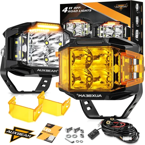Auxbeam Luz LED Pod de 4 Pulgadas, 92W Serie V-MAX Cuadrada para Conducción Todoterreno con DRL Ámbar, Haz Combinado Spot Flood de 270° Cubo