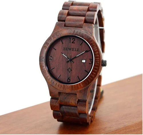 Miniatura 5 de Bewell W086B - Reloj de pulsera para hombre, de madera, analógico, de cuarzo, ligero, hecho a mano, de madera, W086B-Red, 1