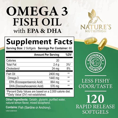 Miniatura 2 de Suplementos de aceite de pescado Omega 3 – 2400 mg de aceite de pescado por porción – Omega-3 de triple fuerza con ácidos grasos EPA y DHA – Apoyo
