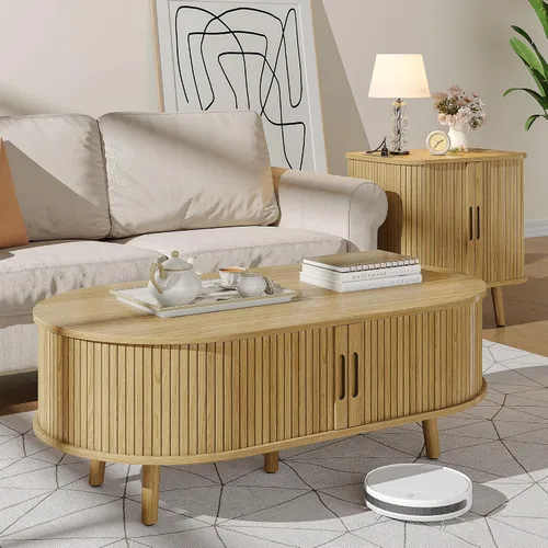 Miniatura 9 de Alohappy Mesa auxiliar ovalada de 42.5 pulgadas de ancho, mesa de centro moderna de mediados de siglo con puerta corrediza de tambor, mesa central