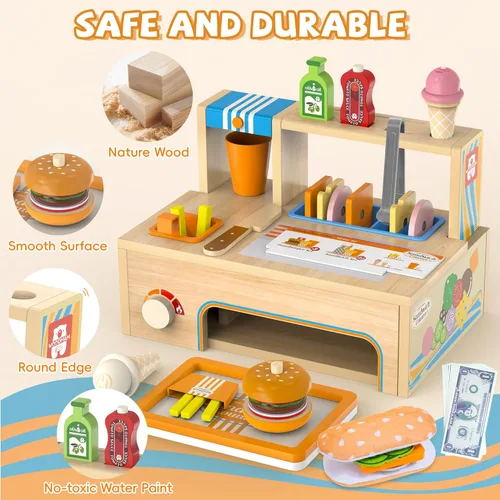 Miniatura 7 de Juegos de comida plegables de madera para jugar, contador de sándwiches con almacenamiento, 56 piezas de juguete de cocina de juego de simulación