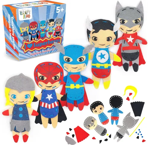 Kits de costura de superhéroe para niños pequeños, 5 proyectos fáciles para niños principiantes, kit de costura para niños, manualidades para niños,