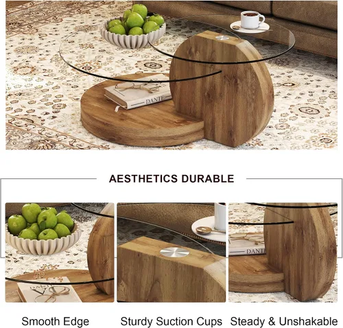Miniatura 4 de Mesa de centro de vidrio de 35.4 pulgadas, mesa de centro redonda pequeña, mesa de vidrio templado de 2 niveles con base de madera, mesa central