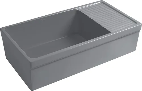 Miniatura 3 de Whitehaus Collection WHQD540-M-Cement - Fregadero de cocina de arcilla refractaria reversible grande de 36 pulgadas: tablero de drenaje integral