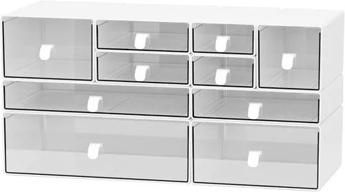 Miniatura 8 de Juego de organizador de escritorio, cajas de almacenamiento apilables blancas y transparentes a prueba de polvo para escritorio, oficina, baño
