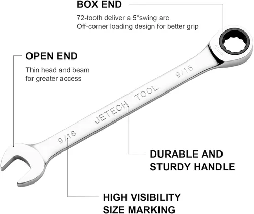 Miniatura 2 de Jetech Llave combinada de trinquete de 9/16 pulgadas, engranaje de grado industrial, trinquete de 72 dientes, fabricada con acero Cr-V forjado