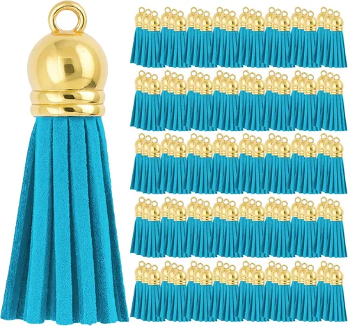 Miniatura 16 de Mandala Crafts 100 borlas de gamuza sintética color aguamarina con tapa dorada, suministros para hacer llaveros a granel, pequeñas borlas de cuero
