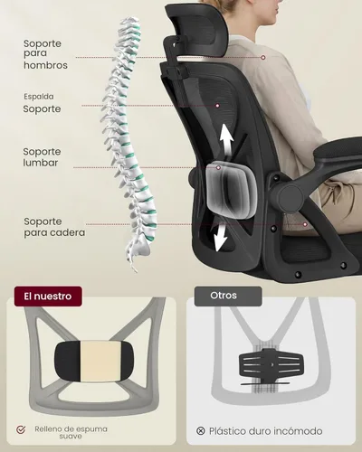 Miniatura 4 de VASAGLE Silla de oficina ergonómica de malla con soporte lumbar ajustable y reposacabezas, función de inclinación de 90-105°, asiento ancho, Negro