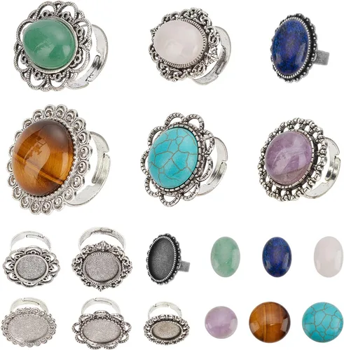 Miniatura 11 de SUNNYCLUE 16 piezas DIY 8 juegos de anillos bisel en blanco piedra natural cabujones estilo antiguo anillo de dedo ajustable componentes en blanco