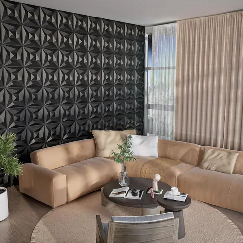 Miniatura 5 de Paneles de pared 3D de PVC negro, paquete de 33 unidades de 11.8 x 11.8 pulgadas, diseño geométrico para decoración moderna del hogar, azulejos