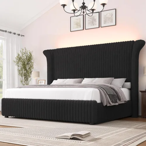 Miniatura 10 de Keyluv Marco de Cama Queen con Cabecera Alta Tipo Ala de Piel Sintética de 54", Cama Plataforma Tapizada con Luz LED, Base de Colchón con Soporte