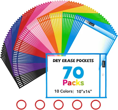 Miniatura 10 de Gamenote - Paquete de 30 bolsillos de borrado en seco con 5 anillas, 10 colores surtidos, fundas de plástico reutilizables de gran tamaño de 10x14