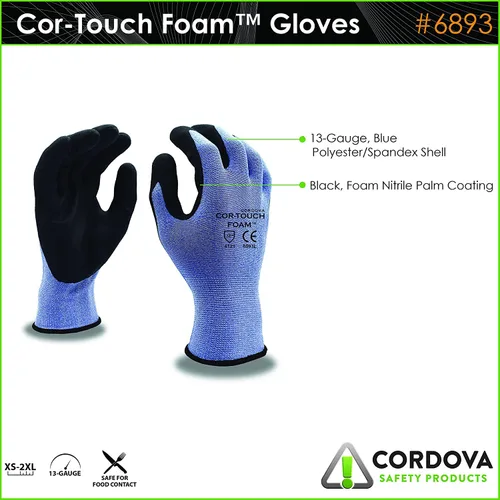 Miniatura 3 de Cordova 6893S Cor-Touch Foam - Guantes de espuma de calibre 13, carcasa de nailon gris, revestimiento de palma de nitrilo de microespuma negra