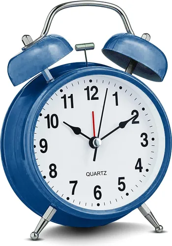 Miniatura 8 de Bernhard Products Reloj despertador analógico de 4 pulgadas, doble campana, color azul, silencioso, sin tictac, de cuarzo, funciona con pilas, extra