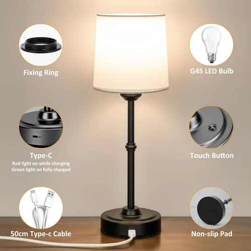 Miniatura 3 de FenFud Lámpara de mesa LED inalámbrica, lámpara de escritorio portátil con pantalla de tela, iluminación recargable con batería de 6000mAh, luz