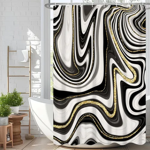 Miniatura 77 de Cortina de ducha abstracta de mármol negro gris y dorado con grietas, cortina de baño moderna ombre impresa, cortina impermeable y lavable de tela