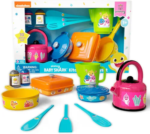 Lollipop Baby Shark Cooking Adventure Set - Juego de cocina con ollas, sartenes, utensilios, taza medidora, tetera de té, sal y pimentero, gran