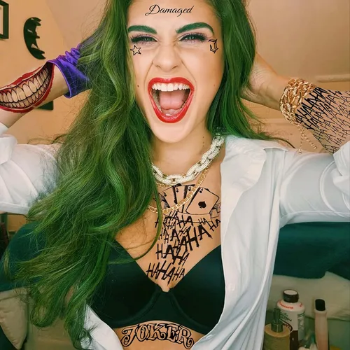 Miniatura 7 de VANTATY 5 hojas de tatuajes temporales 3D de Halloween Joker para hombres, mujeres y adultos, gótico, estilo de Halloween, impermeable, patrón de A