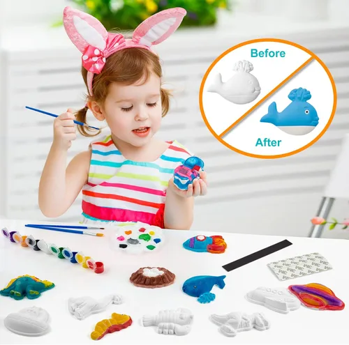 Miniatura 2 de Juboury Kit de manualidades para niños, pintura en yeso, juego de arte para pintar tu propio espacio, dinosaurios y figuras de vida marina, kit
