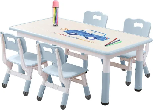 Miniatura 14 de Juego de mesa y silla para niños pequeños, centro de actividades ajustable con patas antideslizantes y superficie a prueba de graffiti de 3 a 12 años