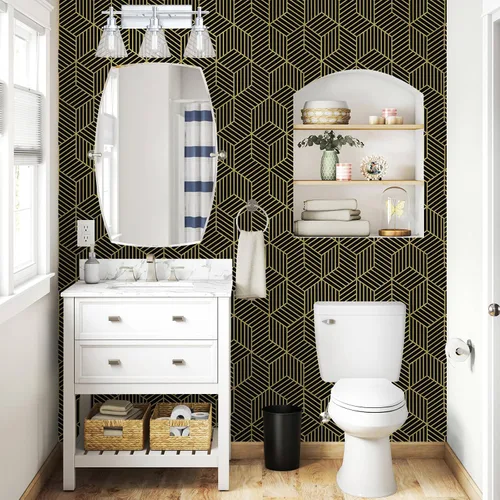 Miniatura 7 de WENMER Papel tapiz hexagonal geométrico de 17.7 x 118 pulgadas, para despegar y pegar, papel de contacto geométrico extraíble negro y dorado