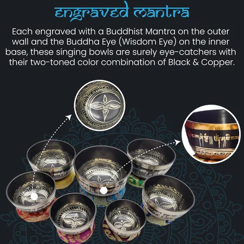 Miniatura 4 de KHUSI - Juego de 7 cuencos tibetanos, Thadobati, hechos a mano, con mantra grabado para yoga, curación de chakras, relajación, alivio del estrés
