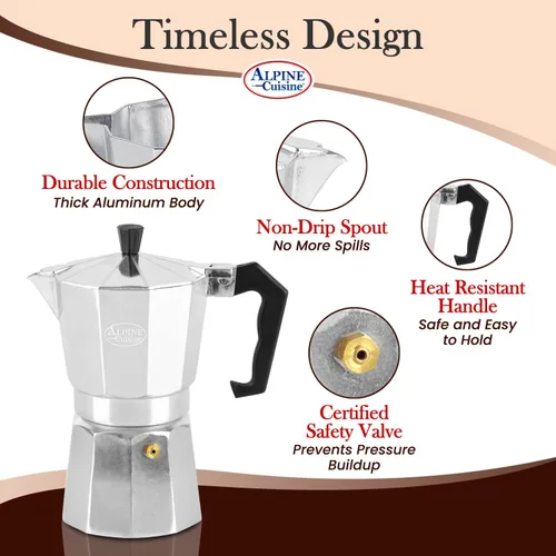 Miniatura 4 de Alpine Cuisine Cafetera de café expreso para estufa, 12.5 onzas, 9 tazas de expreso, olla moka para cafetera clásica italiana y cubana, olla moka