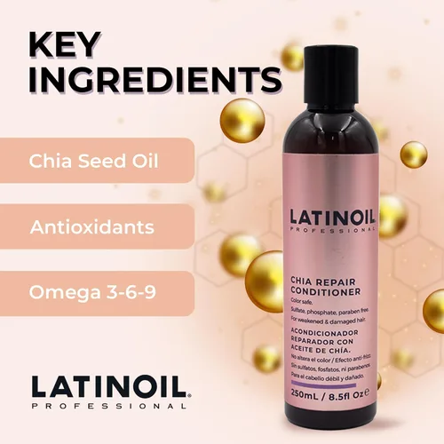 Miniatura 4 de LATINOIL Chia - Acondicionador reparador de cabello sin parabenos ni sulfatos, tratamiento natural con queratina para dañados, tratados