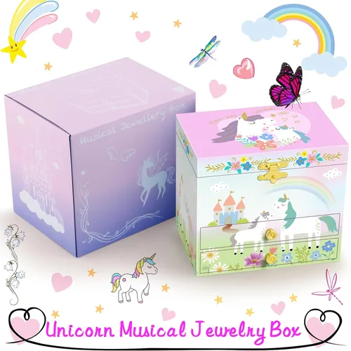 Miniatura 21 de RR ROUND RICH DESIGN - Joyero musical para niñas con cajón y juego de joyas con tema de bailarina, melodía de “El lago de los cisnes”, color rosado
