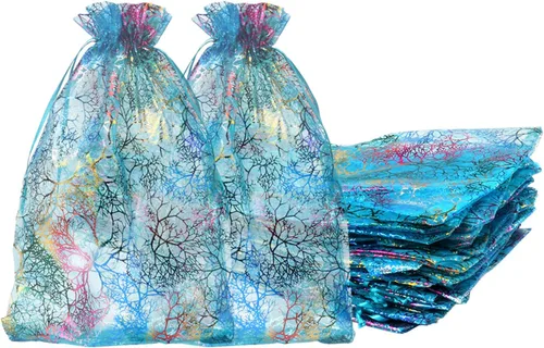 Zwish Paquete de 50 bolsas de regalo de organza de 8 x 12 pulgadas, estilo azul coral para juguetes, dulces, chocolate, fiesta, Navidad, regalo de