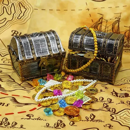 Miniatura 4 de Cofre del tesoro pirata para niños: pequeña caja del tesoro con cerradura y llave, caja de colección vintage de plástico para almacenamiento