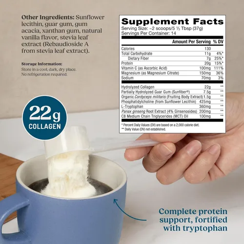 Miniatura 2 de Bulletproof Energy - Proteína en polvo de colágeno, grano de vainilla, 0.71 onzas de péptidos de colágeno alimentados con pasto, 0.27 onzas de fibra