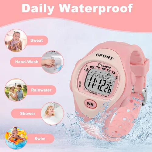 Miniatura 3 de Reloj digital para niños, impermeable, con cronómetro, alarma, iluminación, regalo para niños de 3 a 8 años con bonita caja, color rosa, Rosado