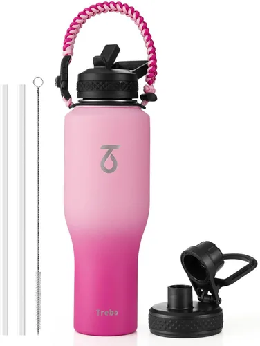 Miniatura 7 de Trebo Botella de agua de 40 onzas con aislamiento que cabe en portavasos de automóvil con asa, botellas de agua de acero inoxidable vaso con tapas