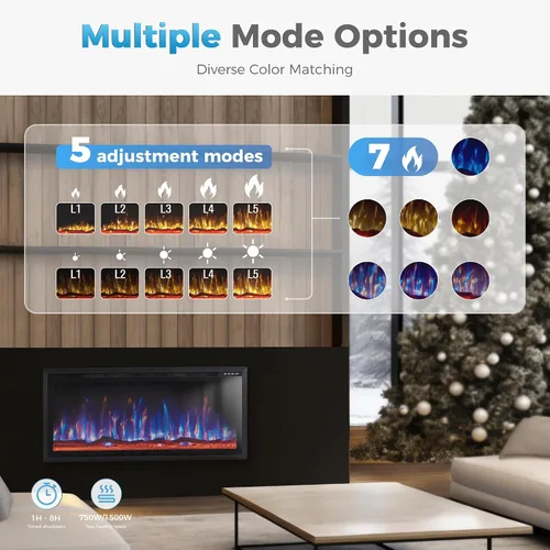 Miniatura 7 de GREEN PARTY Chimenea eléctrica empotrada/montada en la pared de 42 pulgadas con bisel ultra estrecho, calentador de chimenea con opciones de troncos