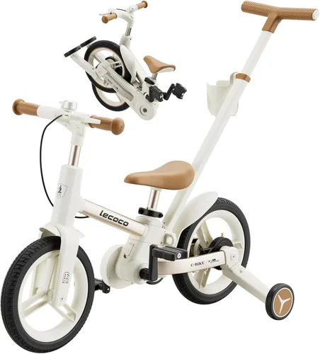 lecoco Bicicleta para niños pequeños con mango de empuje 6 en 1 para niños, juguetes de bicicleta de equilibrio con ruedas de entrenamiento,