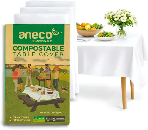 ANECO Manteles 100% compostables para mesas rectangulares (54 x 108 pulgadas, 3 unidades) – Mantel rectangular desechable blanco – Mantel de mesa