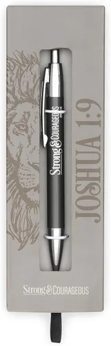 Christian Art Gifts Clip de escritura de las Escrituras Medium de bola puntiaguda con tinta negra en caja para hombres: Fuerte y Valiente - Gris/Be