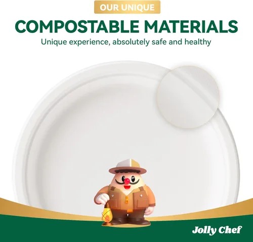 Miniatura 7 de JOLLY CHEF Platos compostables resistentes de 10 pulgadas [paquete de 125] Platos desechables ecológicos blancos hechos de bagazo biodegradables