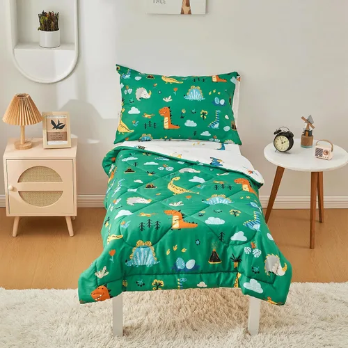 Miniatura 2 de beeweed Juego de ropa de cama de dinosaurio de 4 piezas para niños y niñas, diseño de 2 lados, incluye 1 edredón, 1 sábana bajera, 1 sábana encimera