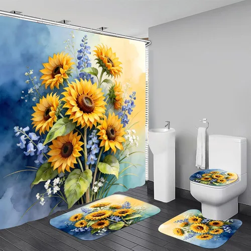 Miniatura 8 de AZHM Juego de 4 cortinas de ducha de girasol con alfombras You are My Sunshine, juego de cortinas de baño con 12 ganchos