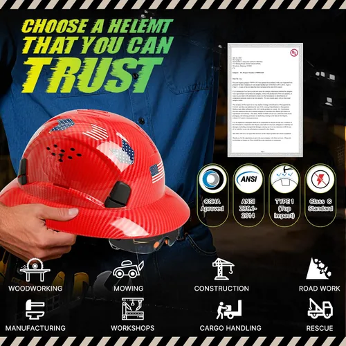 Miniatura 8 de Casco duro de ala completa con patrón de fibra de carbono con visera, casco de seguridad de construcción aprobado por la OSHA para hombres y Fibra