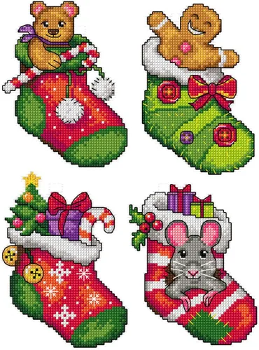Miniatura 7 de Kit de punto de cruz de conteo sobre lienzo de plástico con dulces de Navidad. 4 adornos de invierno de diferentes dimensiones. 14 hojas de lona