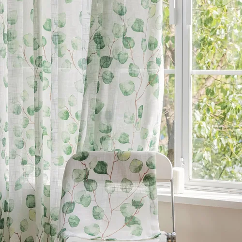 Miniatura 10 de SUOUO Cortinas blancas semitransparentes con hojas azules para dormitorio, comedor, sala de estar, lino texturizado de 84 pulgadas de largo