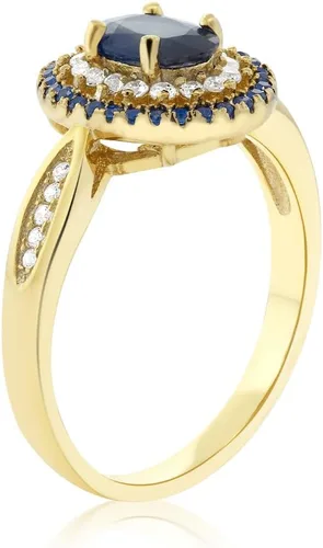 Miniatura 6 de Gem Stone King Anillo de plata chapada en oro amarillo de 18 quilates de 0.276 x 0.197 in con piedra preciosa ovalada con doble halo, compromiso