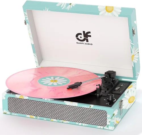 Tocadiscos de vinilo Bluetooth con altavoces integrados, tocadiscos portátil vintage de 3 velocidades con auriculares de grabación USB/conector