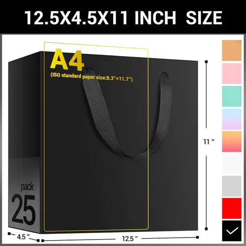 Miniatura 2 de EUSOAR Bolsas grandes de papel de regalo a granel, paquete de 25 bolsas de papel negras resistentes de 12.5 x 4.5 x 11 pulgadas con asas, para Negro